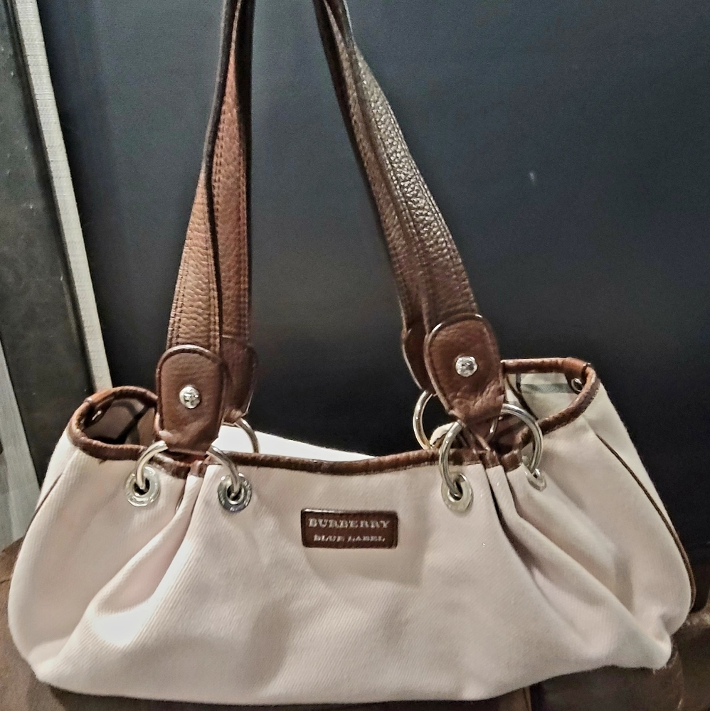 Burberry Blue Label Leather & Canvas Shoulder Bag w/ Stud accents